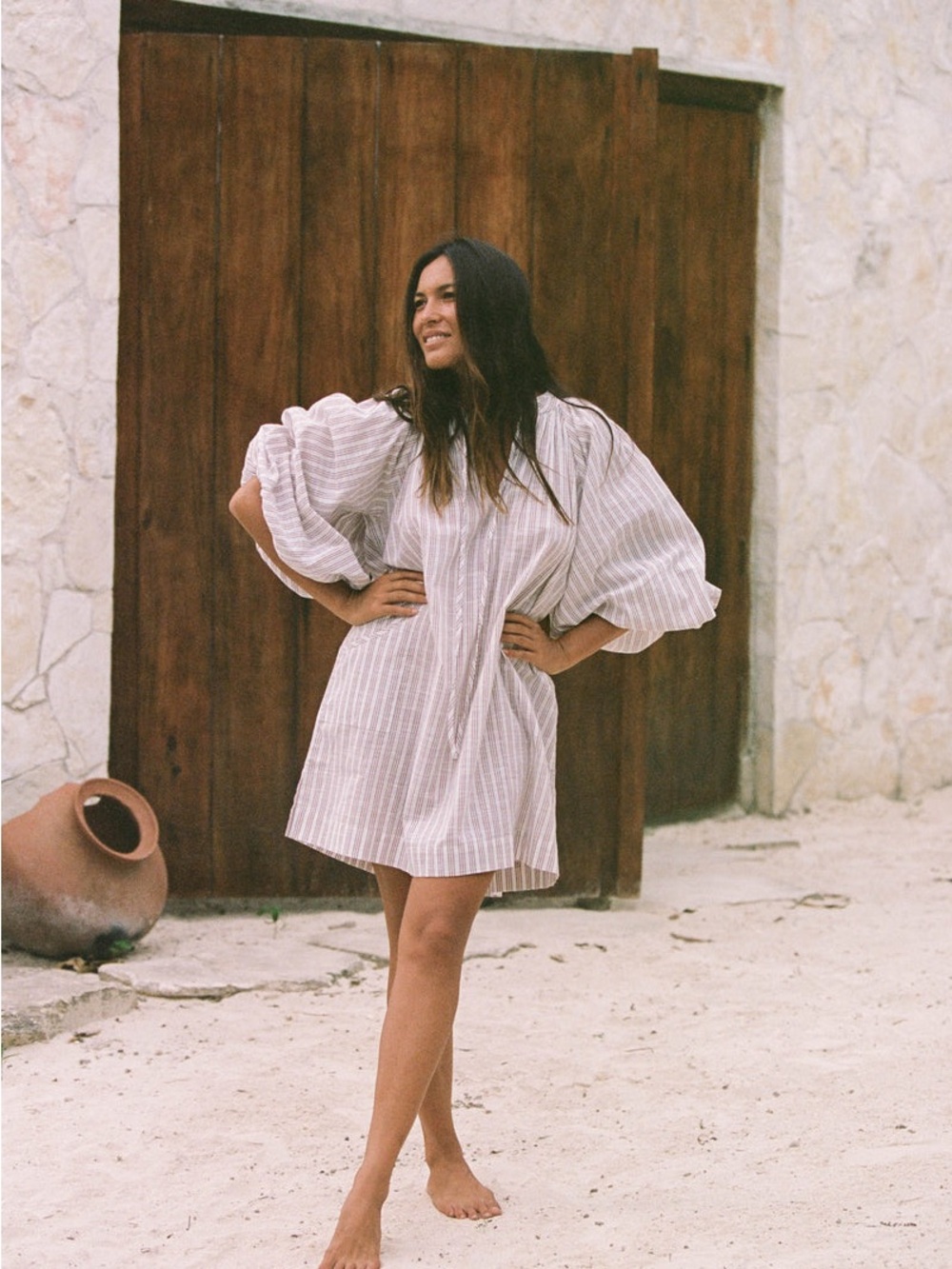 Daughters of India Poet Mini Dress in Vanilla with Rust Stripes Small - Picture 5 of 15